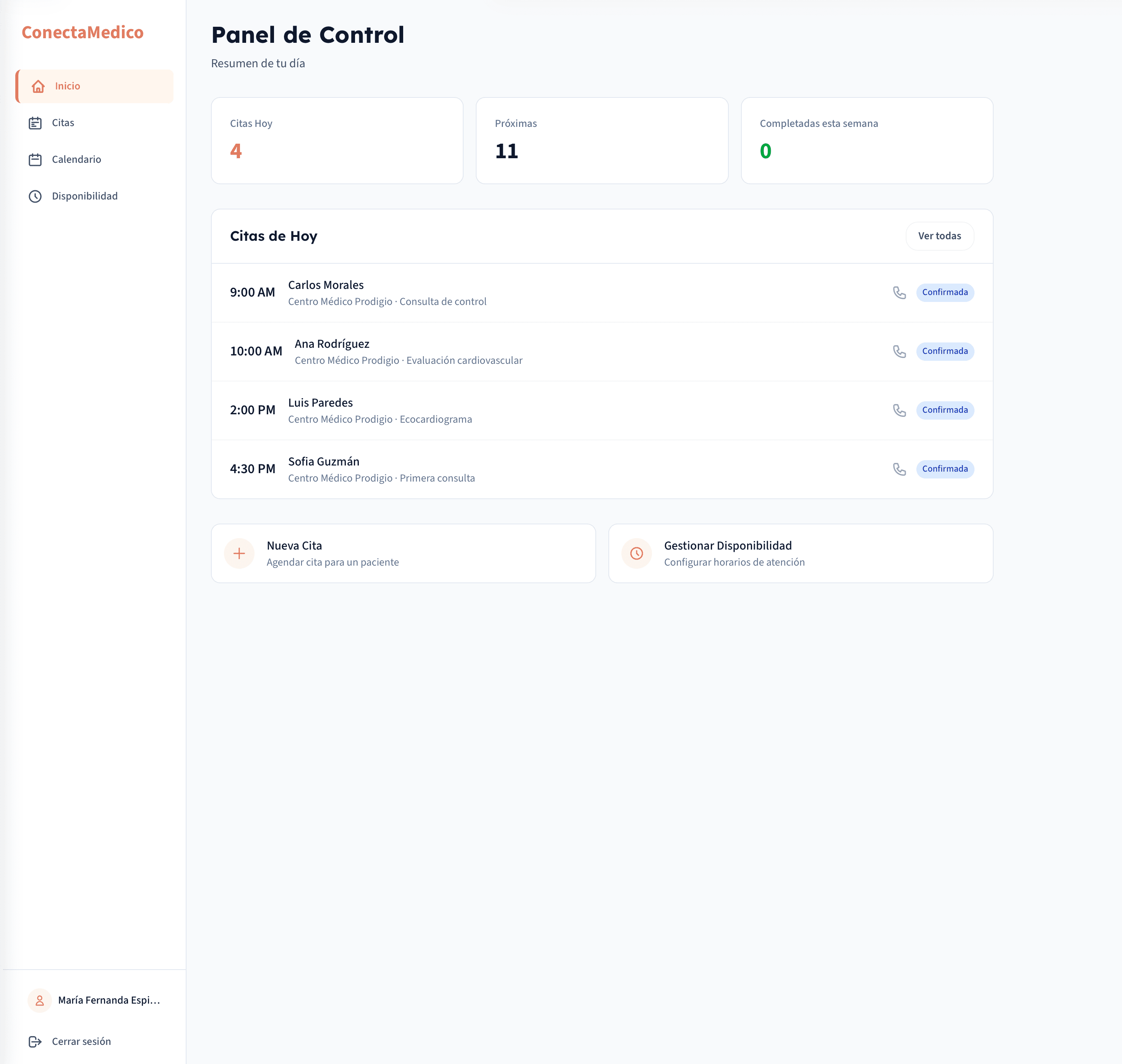 Panel de Control de ConectaMedico - Vista del dashboard del médico